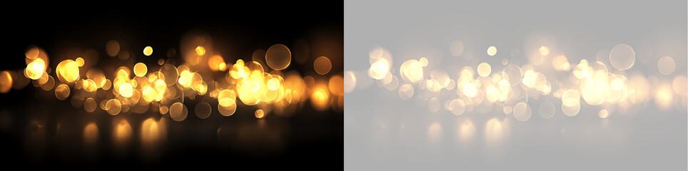 Golden bokeh light effect overlay. Abstract glowing particles on black and transparent background. Festive holiday sparkle © Iryna