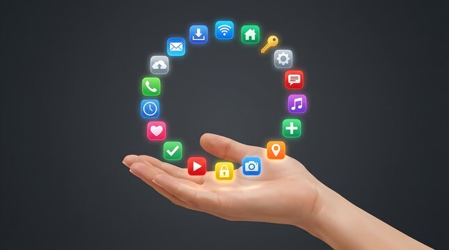 Hand holding glowing circle of colorful mobile app icons representing digital ecosystem and connectivity.