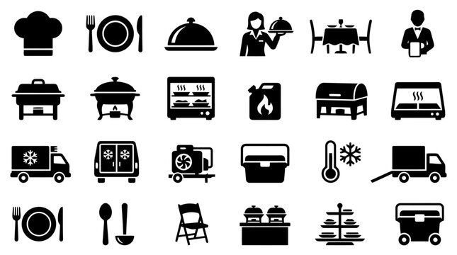 Catering service and event food equipment vector icons set, buffet logistics collection with chafing dish reefer truck waitress cooler black silhouette design