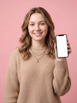 Smiling woman holding smartphone happily