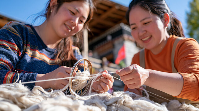 Two young adults hand spinning raw wool yarn in harsh midday sunlight outside a traditional homestead, fleece piled between them, one teaching the other, a generational craft exchange connecting fai