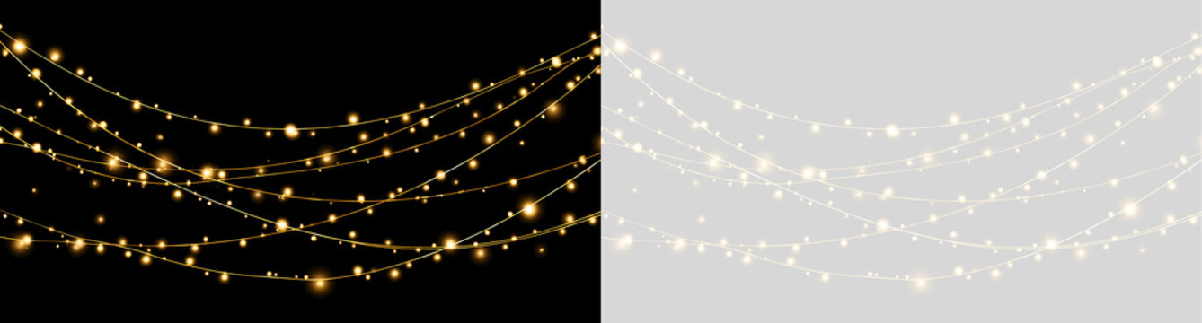 Golden string lights hanging in curves. Decorative glowing fairy lights isolated on black and transparent background