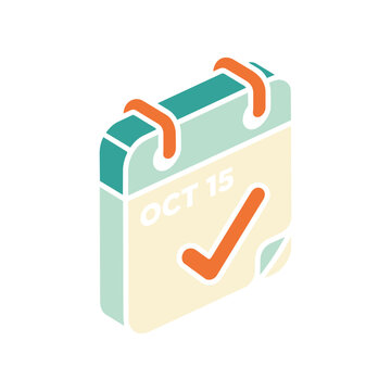 Isometric calendar icon, October 15th date with orange checkmark, appointment reminder, event planning, deadline schedule, modern vector graphic for business and productivity apps.