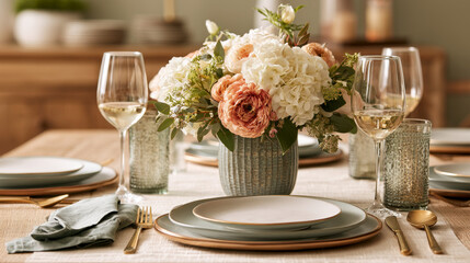 Fototapeta premium Elegant Dining Table Setting with Fresh Floral Centerpiece and Modern Tableware