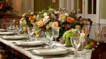 Fototapeta premium Elegant Dining Table Setting with Fresh Floral Centerpiece and Modern Tableware