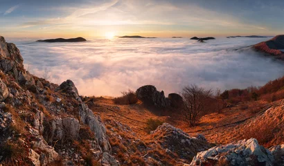 Panorama of sunset in a Carpathian mountain valley with wonderful gold light on a hills © TTstudio