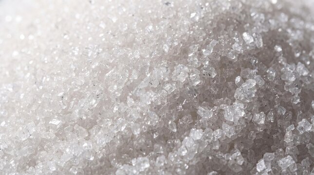 Close-up of Granulated Sugar Crystals: A macro view reveals the intricate crystalline structure of granulated sugar, showcasing its sparkling texture and translucent quality.