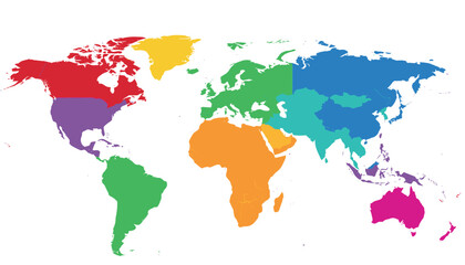 Fototapeta premium Colorful vector world map dividing continents into distinct bright regional color zones on white.