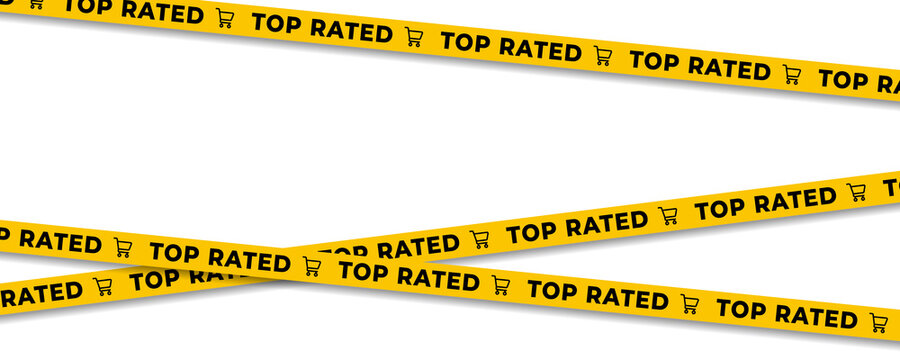 Yellow diagonal ribbons featuring repeated "TOP RATED" text and shopping cart icons on a transparent background.