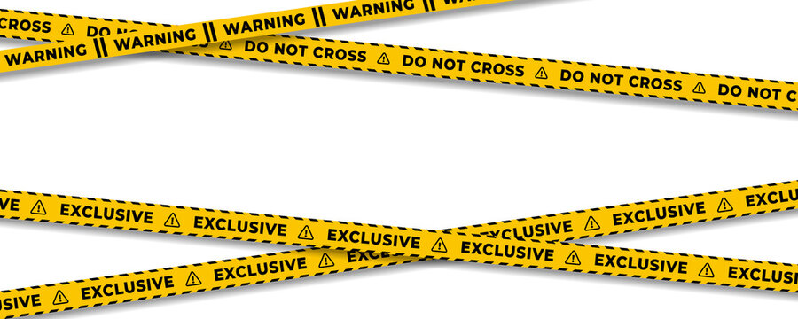 Overlapping yellow warning and do not cross tape strips with exclusive text on a transparent background.