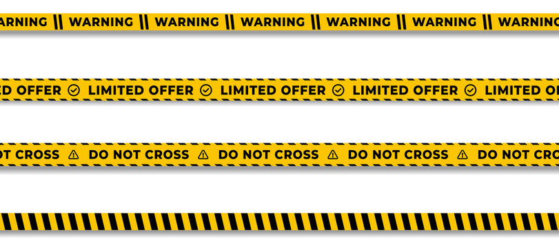 Set of horizontal yellow and black warning tape strips with repeating caution text and diagonal hazard stripes on a transparent background.