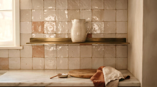 Handmade zellige kitchen backsplash with glossy squares, brass shelf, and ceramic pitcher in a warm modern interior detail.