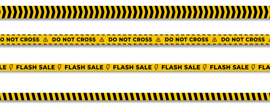 Black and yellow warning banner strips with chevrons, do not cross, and flash sale text on a transparent background.