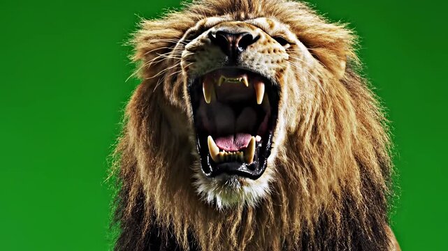 A male lion roars directly at the camera, displaying its teeth and fangs against a green screen background. This clip showcases detailed fur textures and a dynamic facial expression.