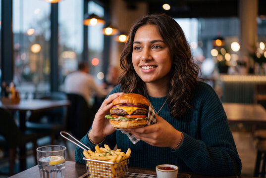 Woman smiling while eating a burger in a restaurant