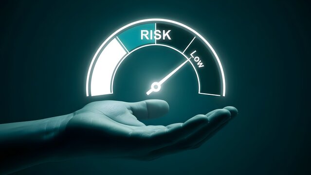 Hand holding holographic risk meter dial showing low level against dark teal background.