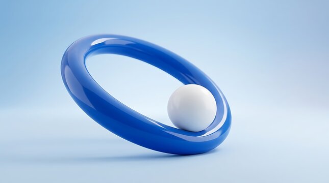 Minimalist abstract 3d render featuring a glossy blue ring and a smooth white sphere on a soft light blue background