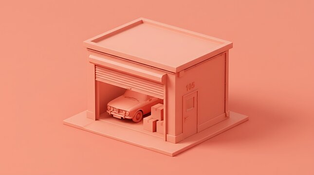 Minimalist abstract 3d render of a small monochromatic garage building with a car parked inside on a solid peach background