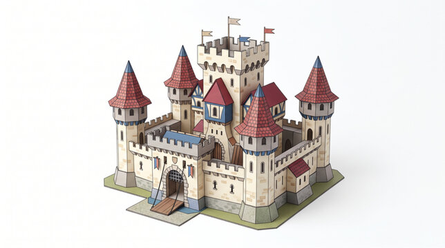 Medieval papercraft castle fortress isolated on white background