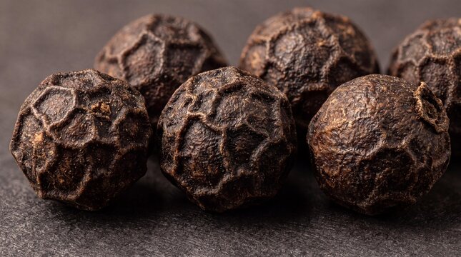 Black Peppercorn Macro: A close-up, high-detail macro photograph showcases a cluster of whole black peppercorns, their textured surfaces hinting at the pungent aroma and flavor they possess.