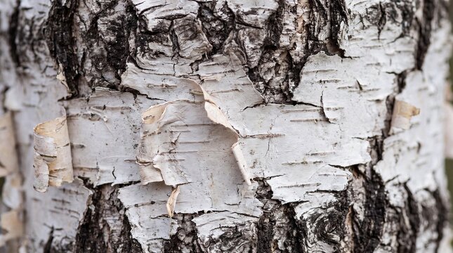 Birch Bark Texture: Close-up of a birch tree trunk revealing its characteristic white, papery bark peeling away in delicate layers, showcasing the intricate natural pattern and rough texture.