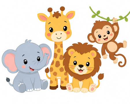 Cute safari animals collection with baby elephant, lion, giraffe and monkey isolated on white background