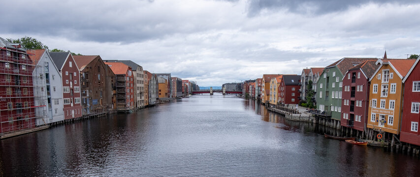 Colorful Historic Warehouses Along the Nidelva River in Trondheim, Norway