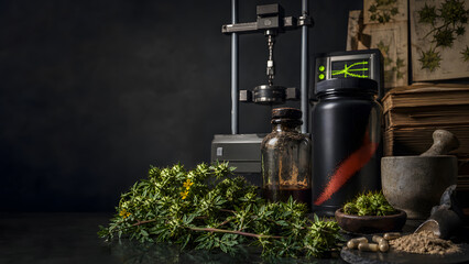 Obraz premium Herbal sports supplement testing in dark laboratory