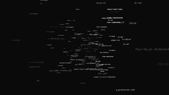 Mathematical formulas and scientific equations drifting in 3D space on black background for educational video.