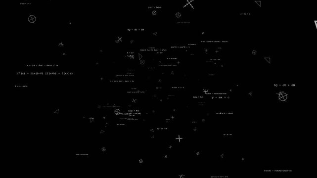 Mathematical formulas and physics equations drifting on black background with scientific diagrams for educational video overlay.