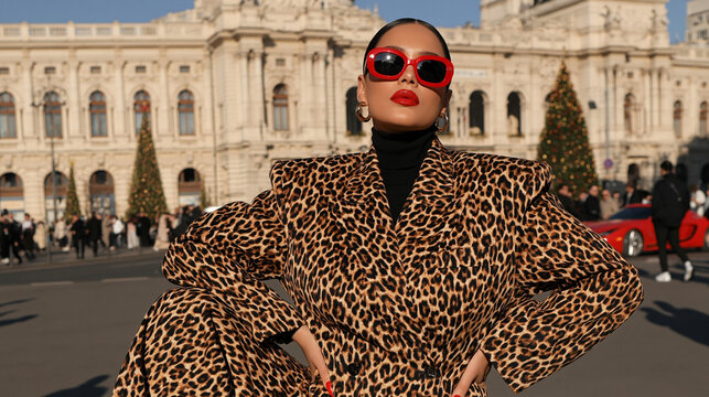 Stylish woman posing confidently in leopard print outfit outdoors  
