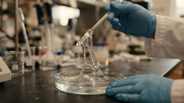 Scientist lifting viscous clear fluid from a tray with gloved fingers and a glass rod, showing filament and rippled surface