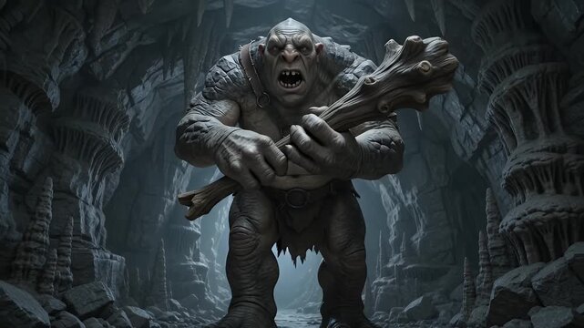 Enormous monstrous troll with club standing in a dark, rocky cave with stalactites