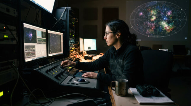 Astrophysicist in observatory control room monitoring telescope data and star map projection during a kilonova search.