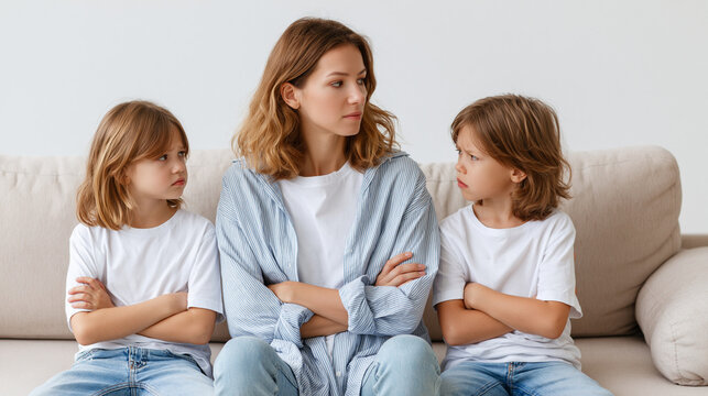 A serious Caucasian woman sits between two pouting children on a couch, arms crossed.