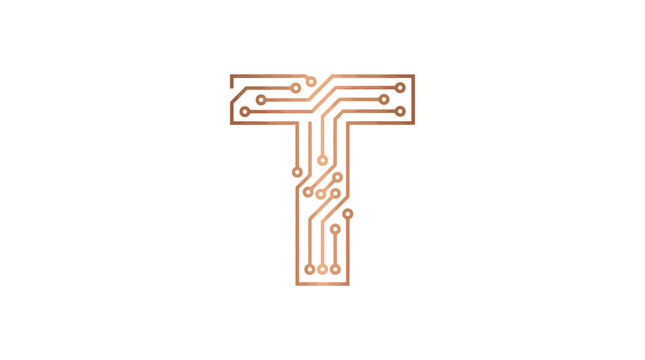 A metallic letter T shaped like a complex electronic circuit board design
