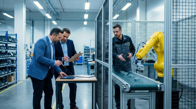 Engineer demonstrates a collaborative robot arm sorting parts beside a conveyor as investors review a tablet and clipboard in a factory aisle.