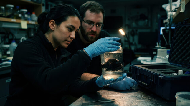 Marine researchers inspecting a strange deep-sea fish specimen in a specimen jar with LED task light, gloves, and oceanography lab equipment