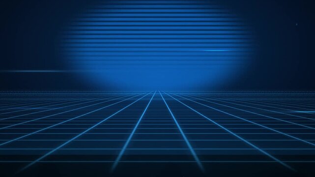 A futuristic landscape featuring a blue grid floor that leads the eye toward a glowing, horizontal background.