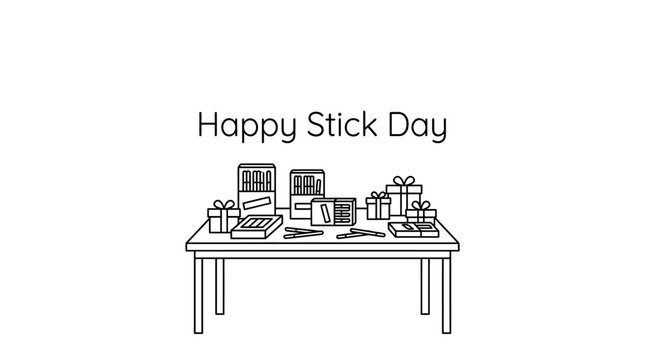 A line art illustration of a table filled with various stick shaped snacks and gift boxes for Pepero Day.