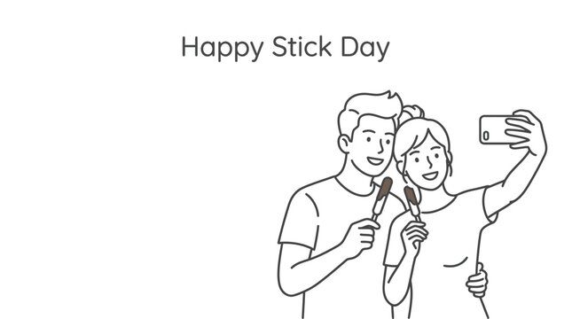 A line art illustration of a young couple taking a selfie while holding snack sticks.