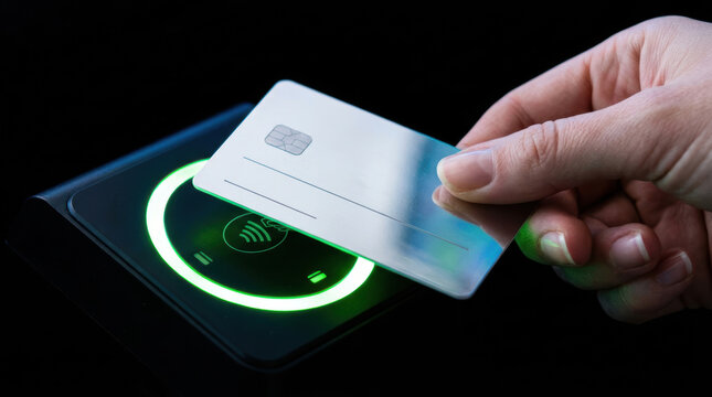 Contactless payment card held by hand over wireless payment terminal with glowing green light for retail tech e commerce use
