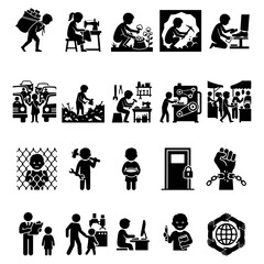 Obraz premium Child Labor Exploitation Prevention Children Rights Forced Labor Human Rights Advocacy and Education Vector Icon Set