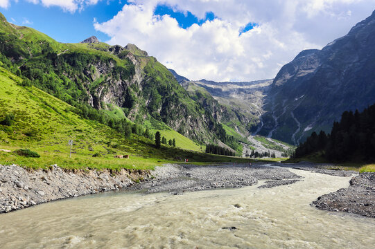 Green glaciar valler with river and mountain landscape in Tirol, Austria Alps