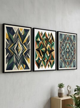 Modern Abstract Geometric Art Triptych on Wall.