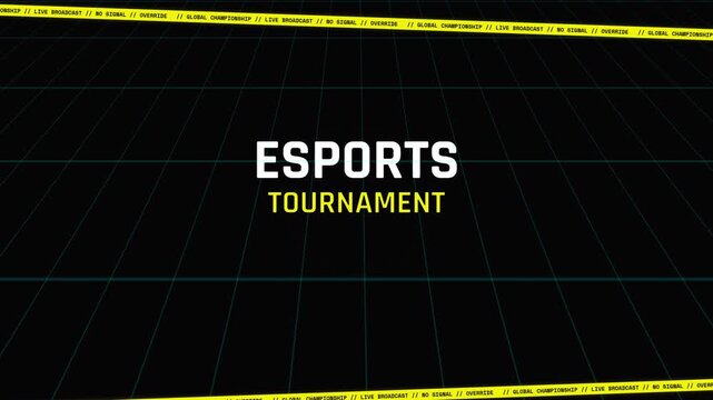 Esports tournament 3D text animation with neon grid and warning tape
