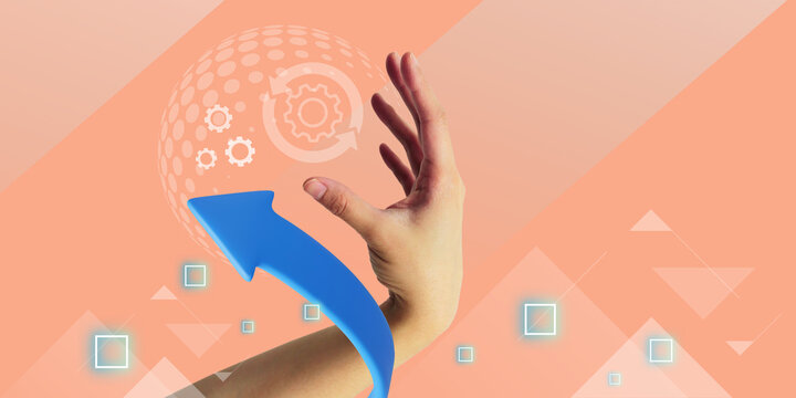 Hand reaching out to grab the arrow along with digital growth and the gears of innovation for change