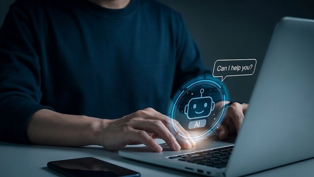 Person using laptop with AI chatbot icon for online customer support