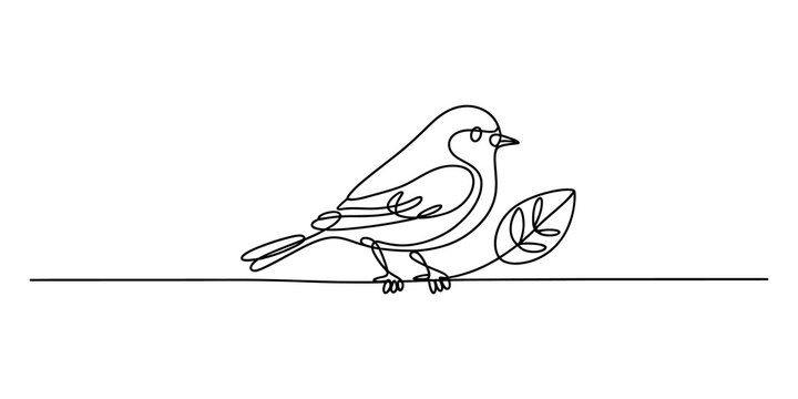 Continuous single line drawing of a cute bird sitting on a small branch