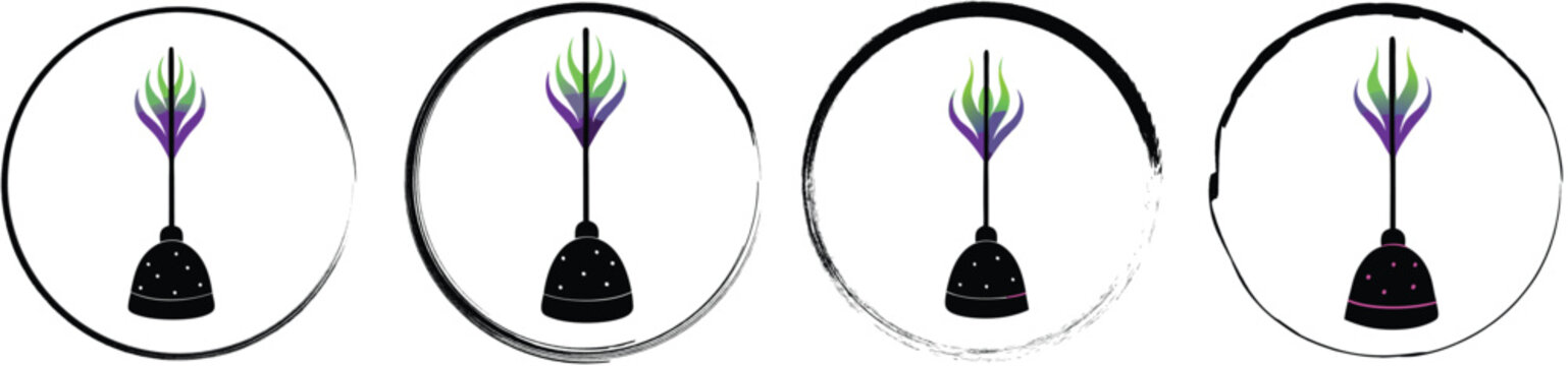Four circular featuring a stylized feather or arrow with purple and green gradients on a black base on a white background